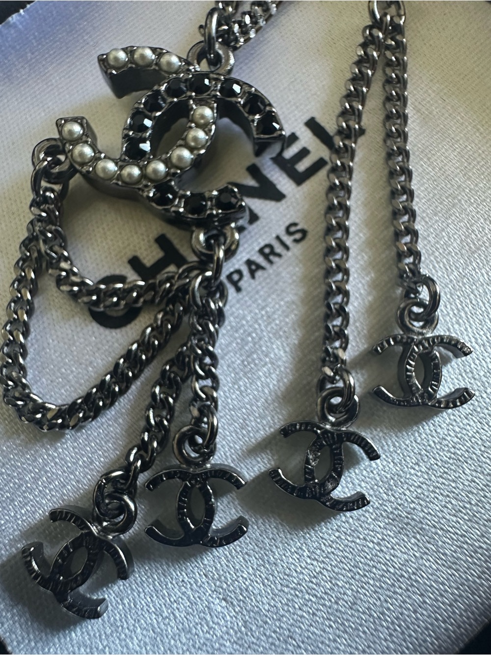 RARE CHANEL A12P Ruthenium 3-Way CC Black Crystal Pearl Dangle Pendant Necklace